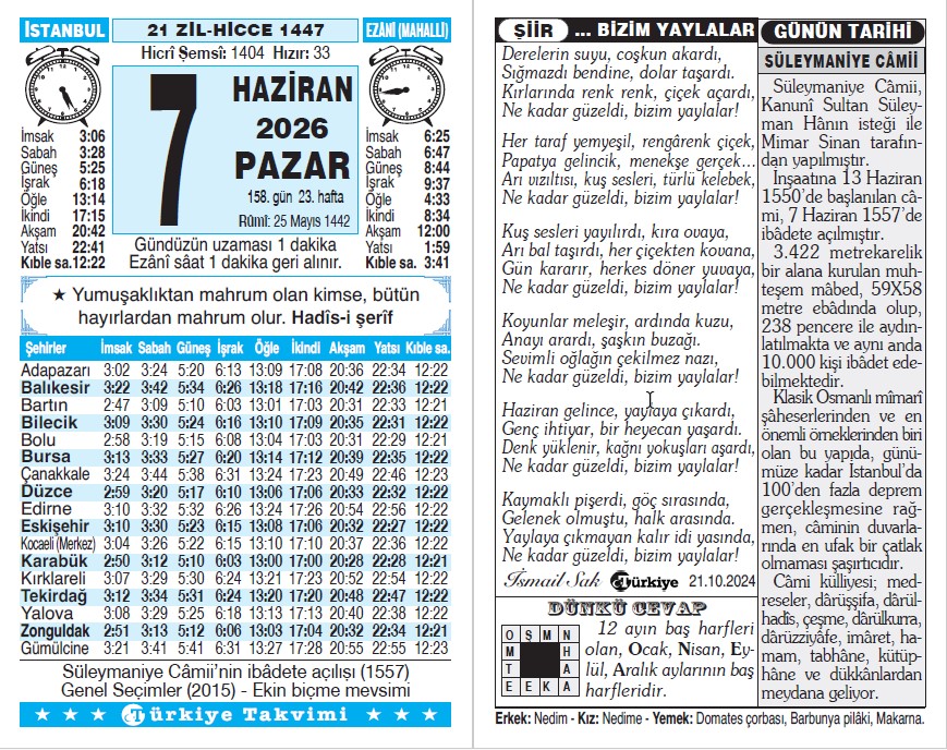 21 Zilhicce 1447 - 7 Haziran 2026 Tarihli Türkiye Takvimi