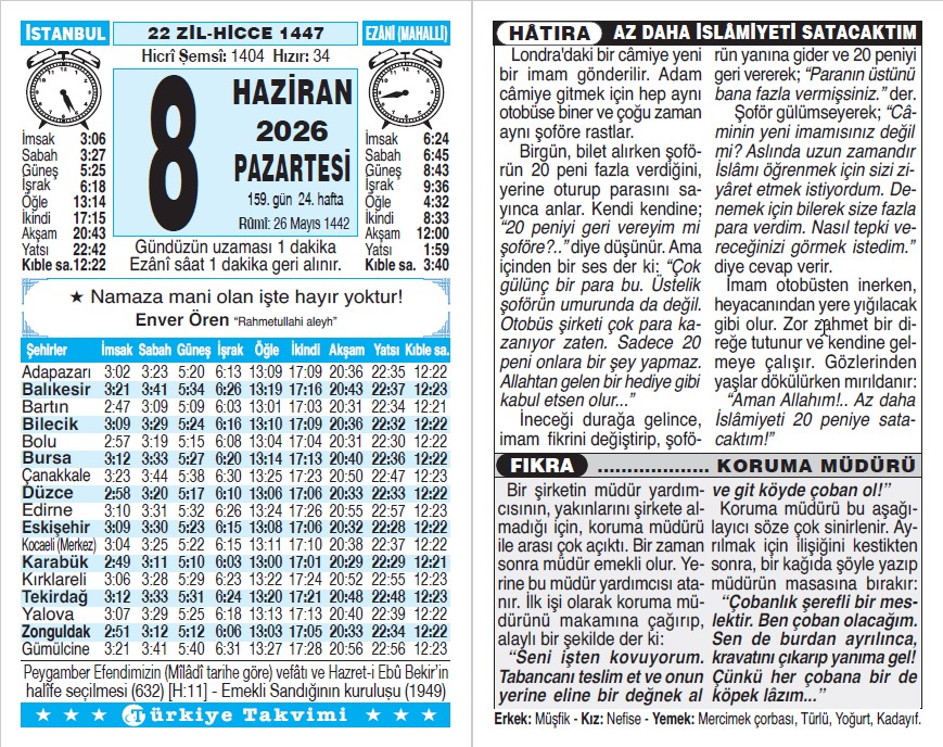 22 Zilhicce 1447 - 8 Haziran 2026 Tarihli Türkiye Takvimi