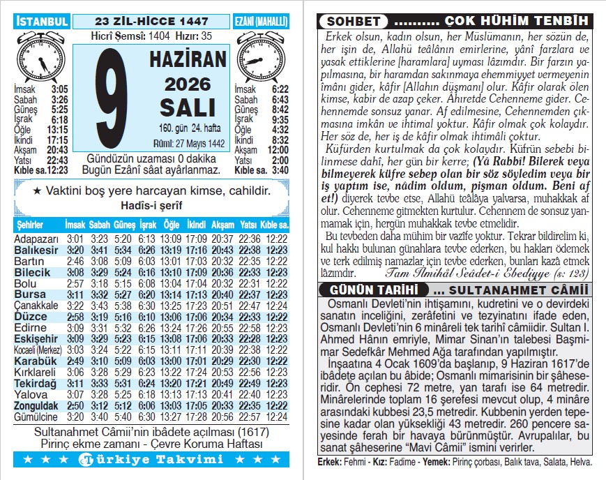 23 Zilhicce 1447 - 9 Haziran 2026 Tarihli Türkiye Takvimi