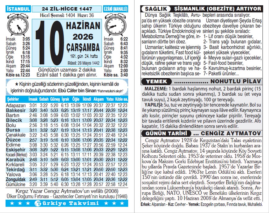 24 Zilhicce 1447 - 10 Haziran 2026 Tarihli Türkiye Takvimi