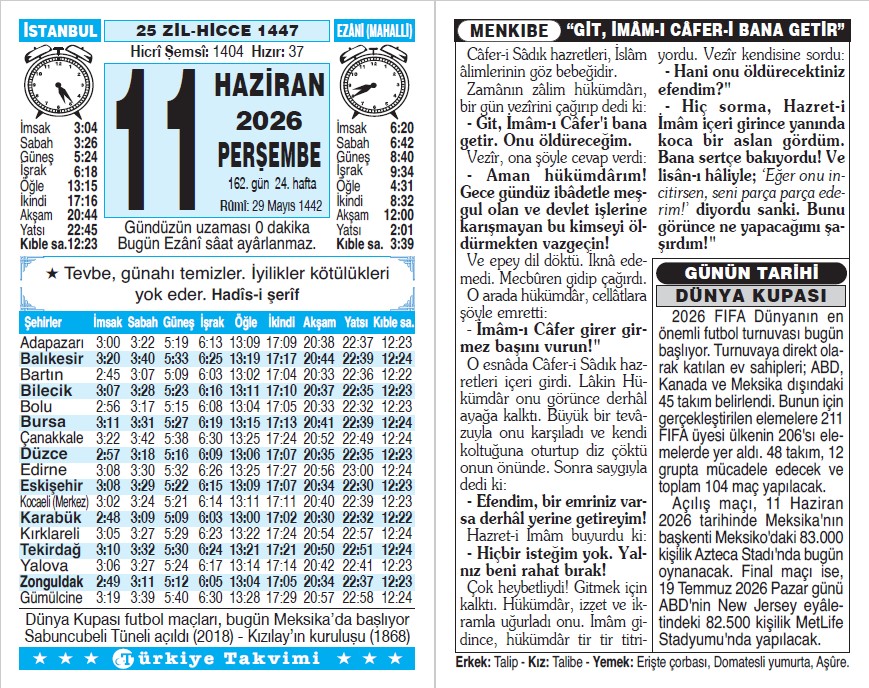25 Zilhicce 1447 - 11 Haziran 2026 Tarihli Türkiye Takvimi