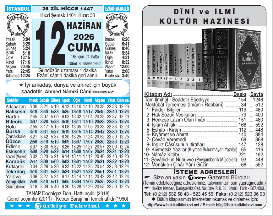 26 Zilhicce 1447 - 12 Haziran 2026 Tarihli Türkiye Takvimi
