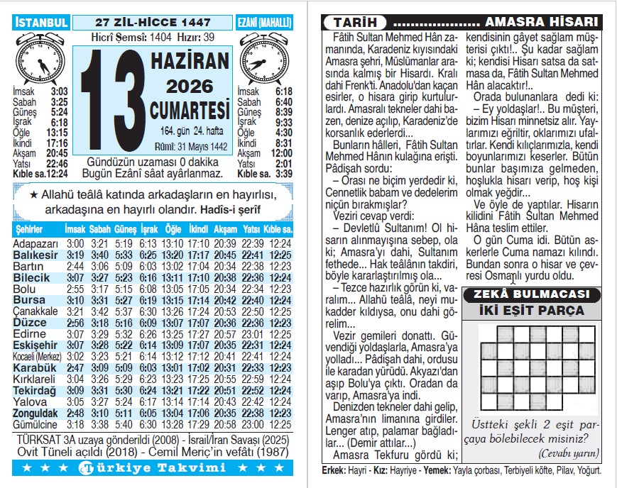 27 Zilhicce 1447 - 13 Haziran 2026 Tarihli Türkiye Takvimi