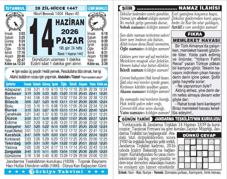 28 Zilhicce 1447 - 14 Haziran 2026 Tarihli Türkiye Takvimi