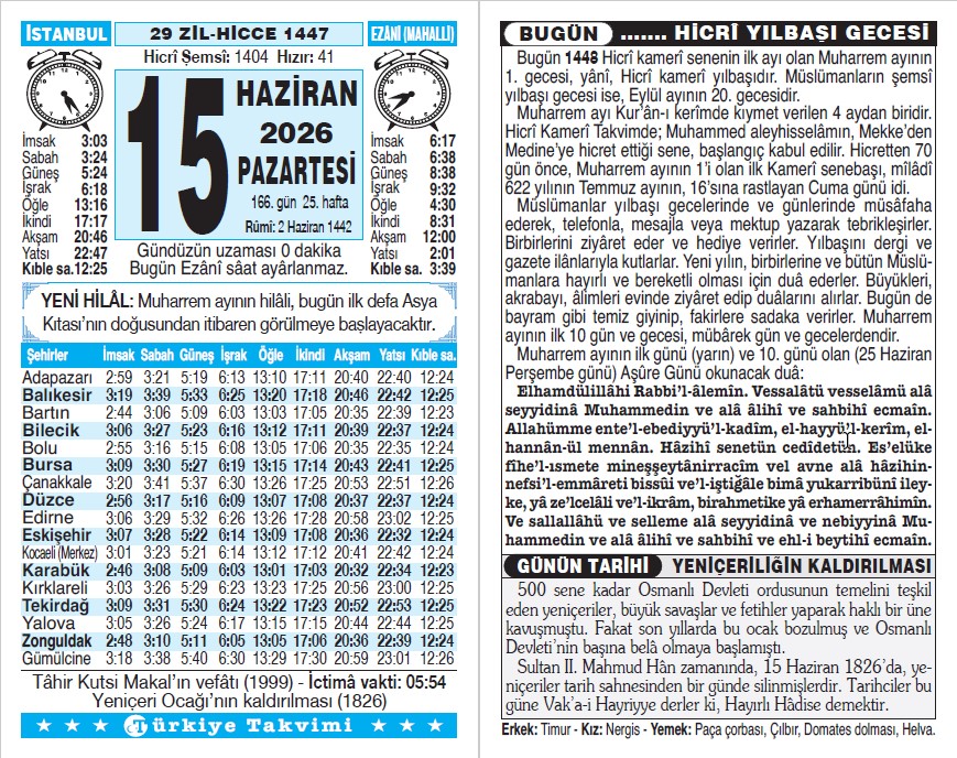 29 Zilhicce 1447 - 15 Haziran 2026 Tarihli Türkiye Takvimi