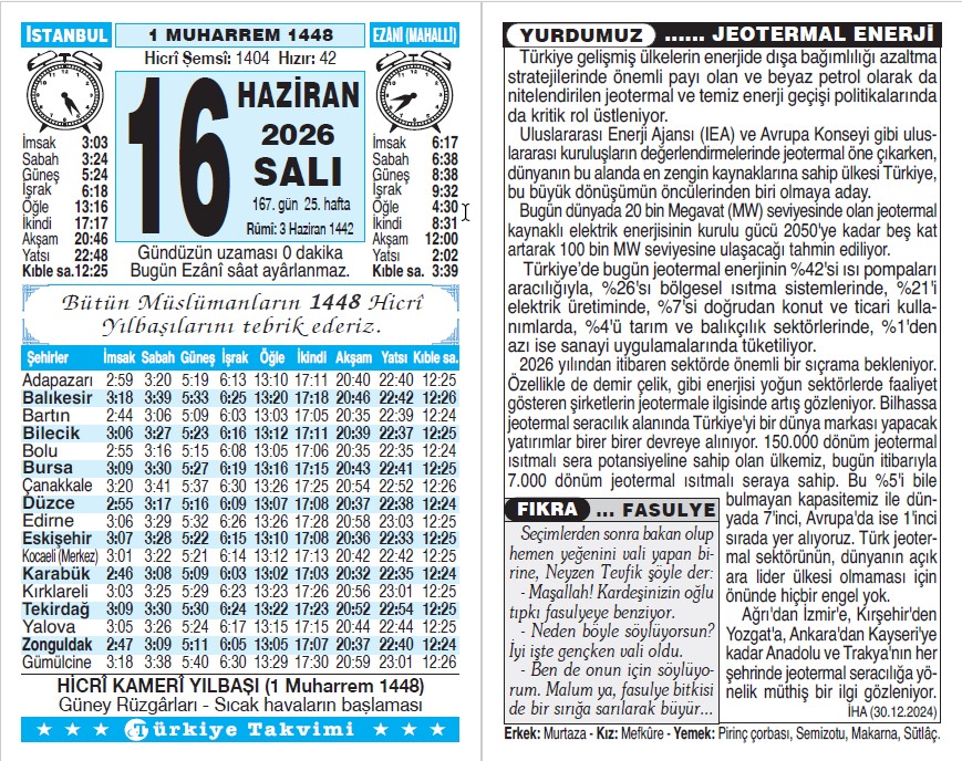 1 Muharrem 1448 - 16 Haziran 2026 Tarihli Türkiye Takvimi