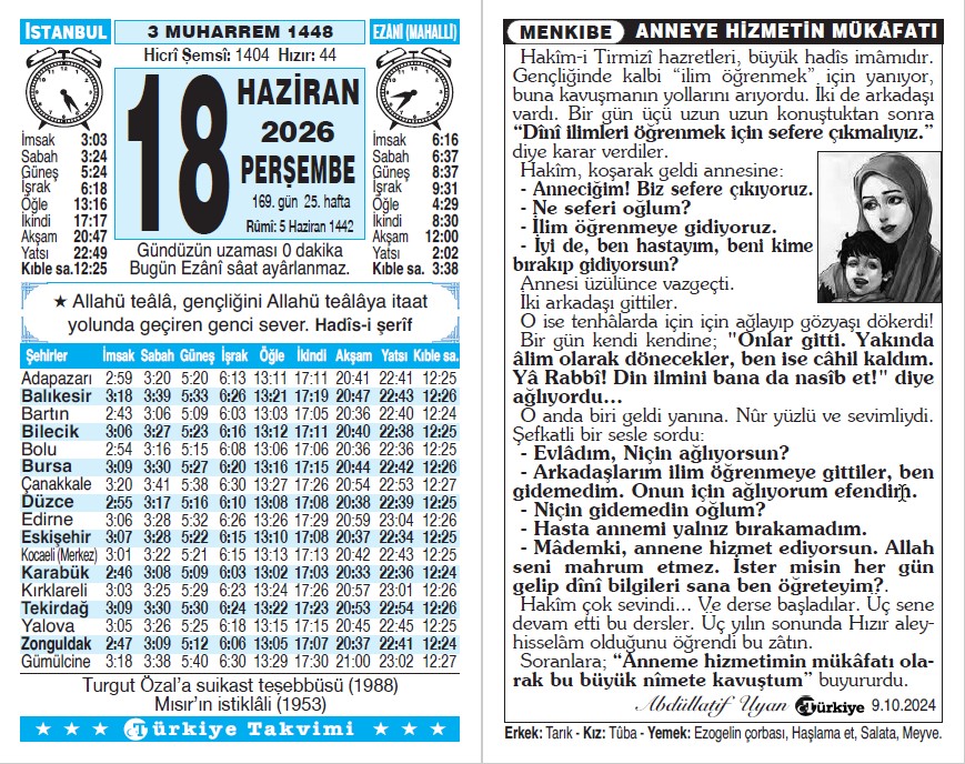 3 Muharrem 1448 - 18 Haziran 2026 Tarihli Türkiye Takvimi