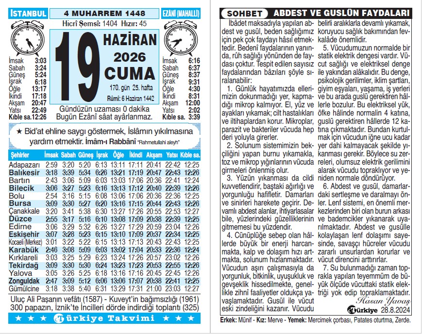 4 Muharrem 1448 - 19 Haziran 2026 Tarihli Türkiye Takvimi