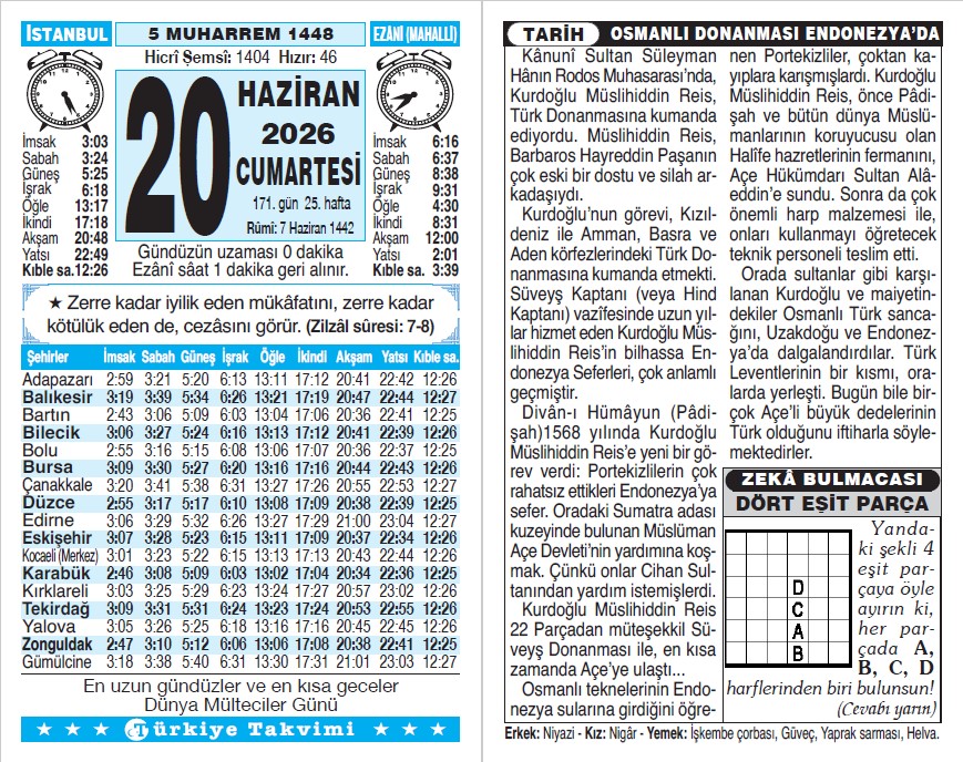 5 Muharrem 1448 - 20 Haziran 2026 Tarihli Türkiye Takvimi