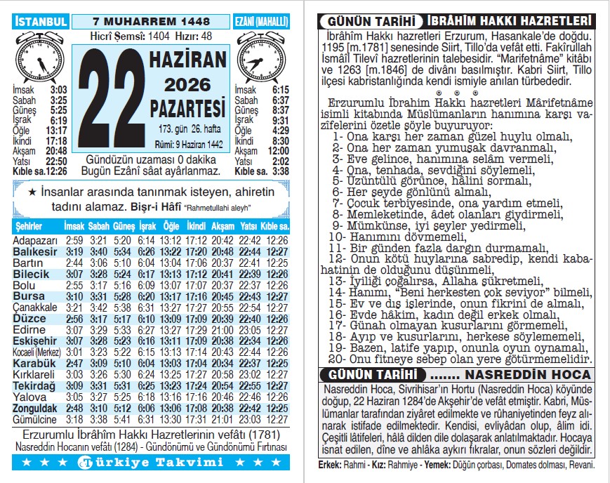 7 Muharrem 1448 - 22 Haziran 2026 Tarihli Türkiye Takvimi