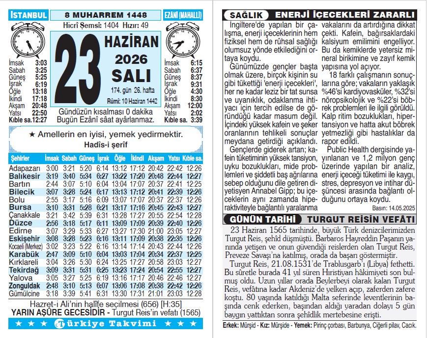 8 Muharrem 1448 - 23 Haziran 2026 Tarihli Türkiye Takvimi