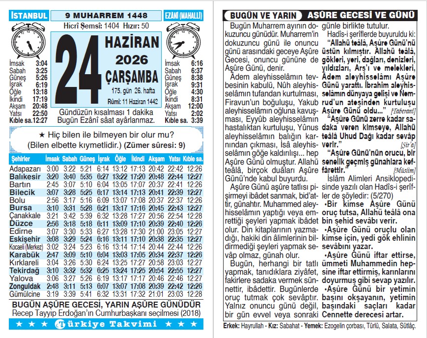 9 Muharrem 1448 - 24 Haziran 2026 Tarihli Türkiye Takvimi