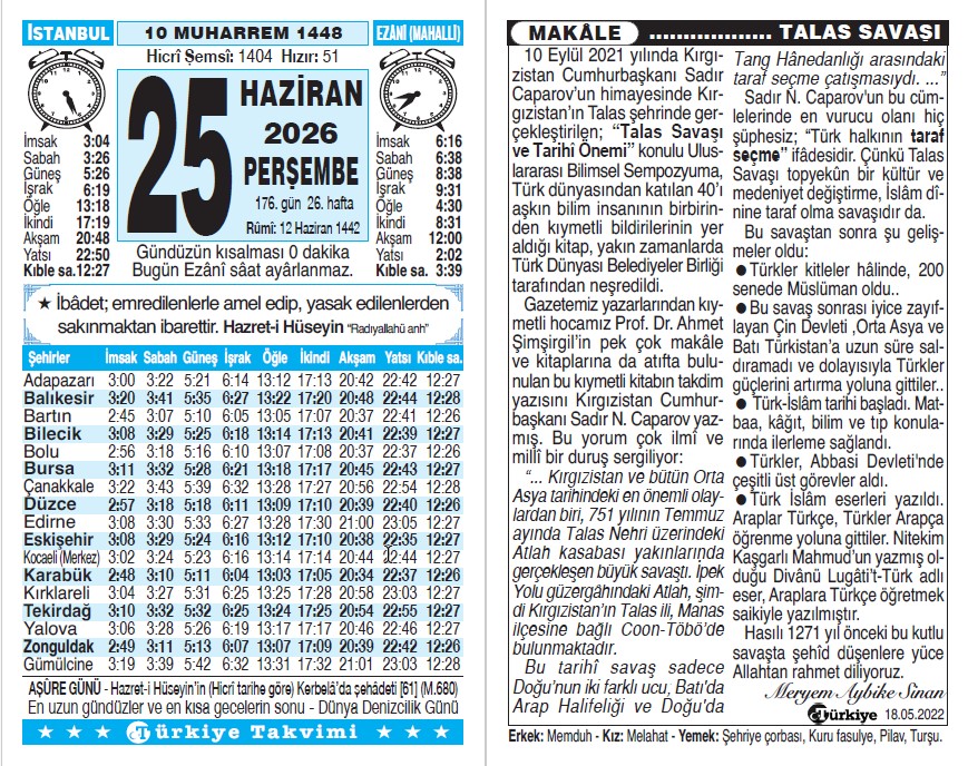 10 Muharrem 1448 - 25 Haziran 2026 Tarihli Türkiye Takvimi