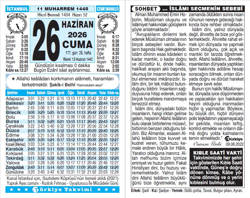 11 Muharrem 1448 - 26 Haziran 2026 Tarihli Türkiye Takvimi