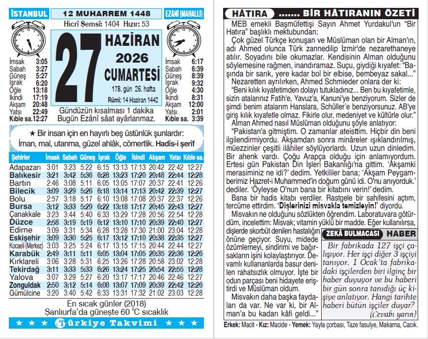12 Muharrem 1448 - 27 Haziran 2026 Tarihli Türkiye Takvimi