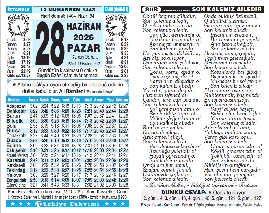 13 Muharrem 1448 - 28 Haziran 2026 Tarihli Türkiye Takvimi