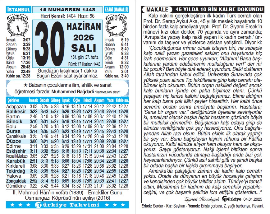 15 Muharrem 1448 - 30 Haziran 2026 Tarihli Türkiye Takvimi