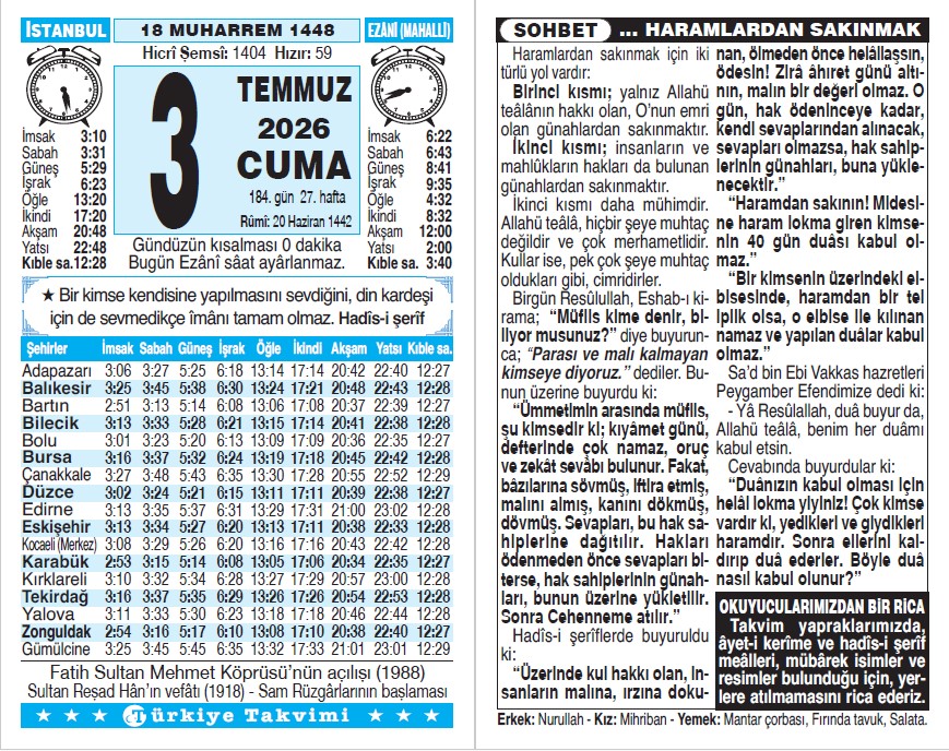 18 Muharrem 1448 - 3 Temmuz 2026 Tarihli Türkiye Takvimi