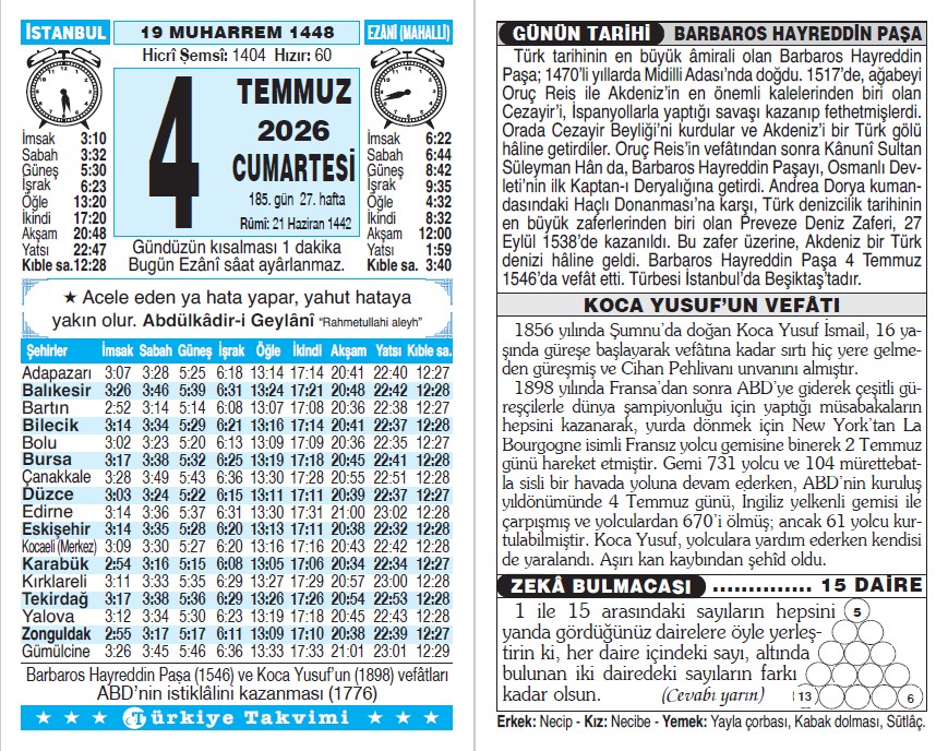 19 Muharrem 1448 - 4 Temmuz 2026 Tarihli Türkiye Takvimi