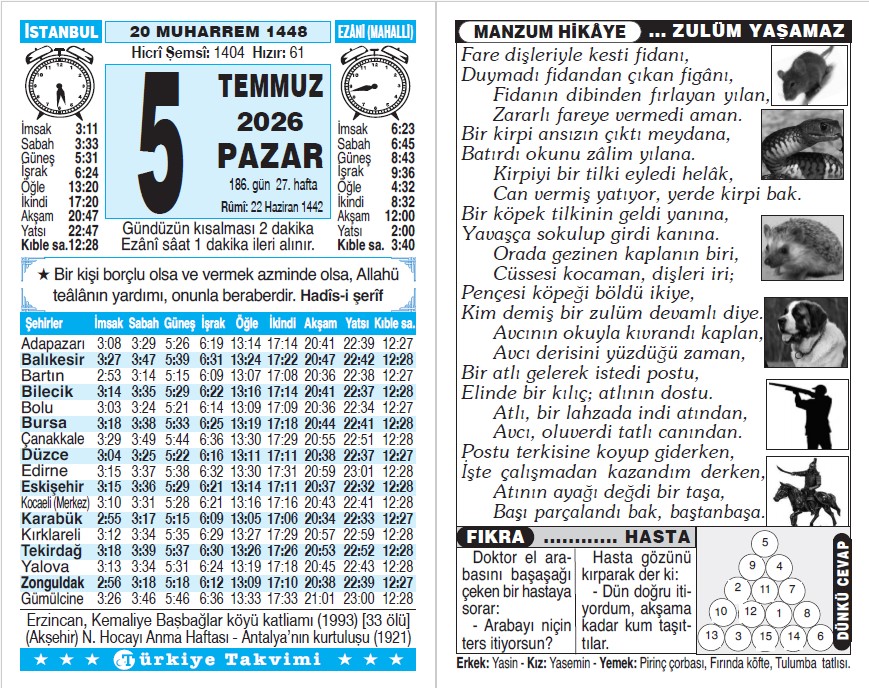 20 Muharrem 1448 - 5 Temmuz 2026 Tarihli Türkiye Takvimi