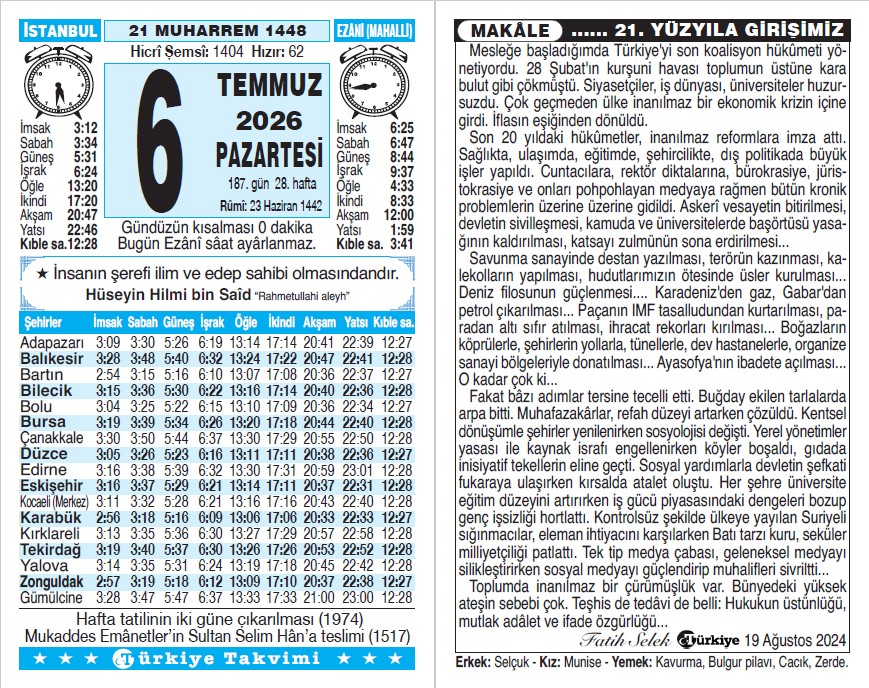 21 Muharrem 1448 - 6 Temmuz 2026 Tarihli Türkiye Takvimi