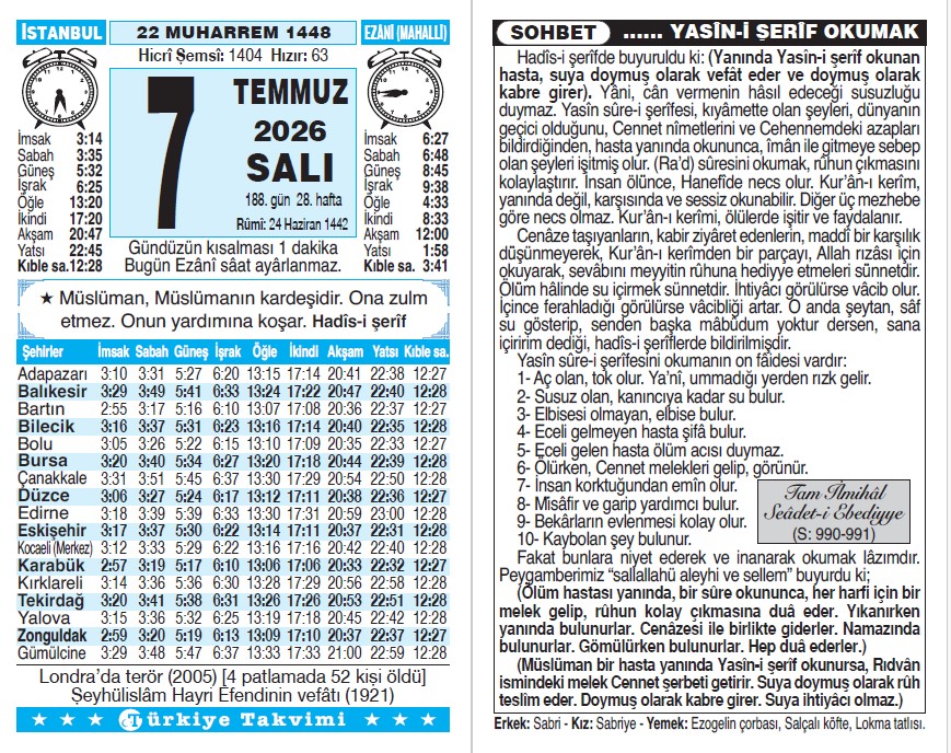 22 Muharrem 1448 - 7 Temmuz 2026 Tarihli Türkiye Takvimi