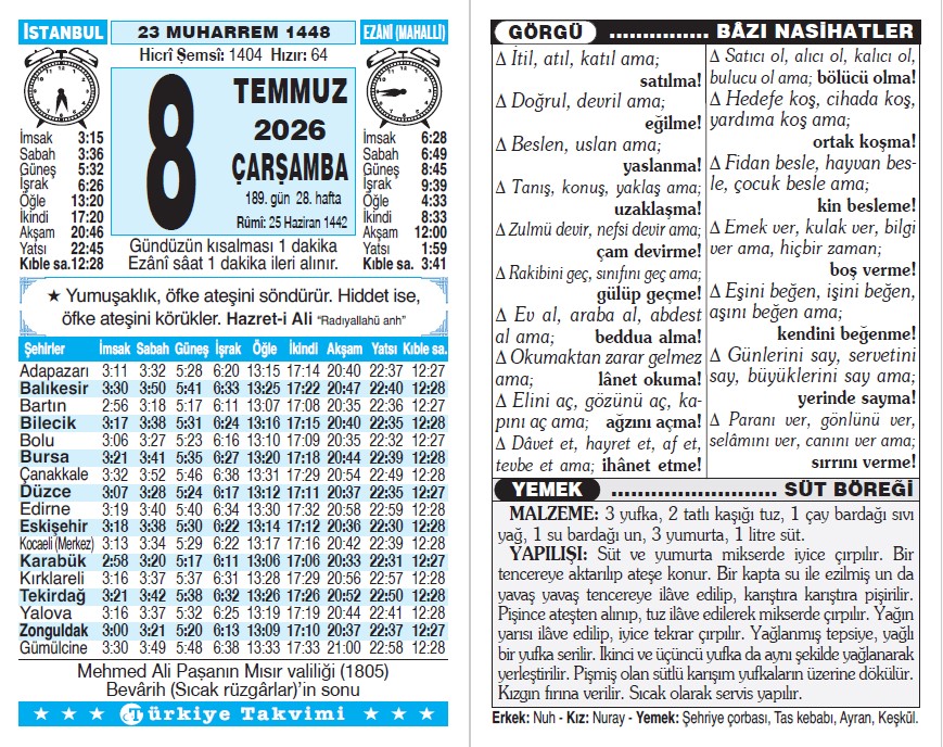 23 Muharrem 1448 - 8 Temmuz 2026 Tarihli Türkiye Takvimi