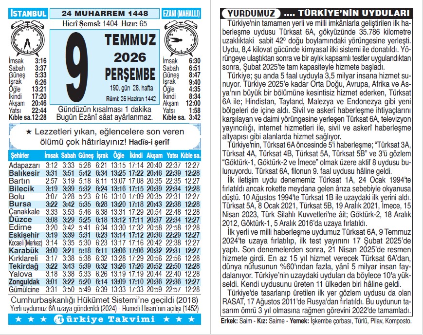 24 Muharrem 1448 - 9 Temmuz 2026 Tarihli Türkiye Takvimi