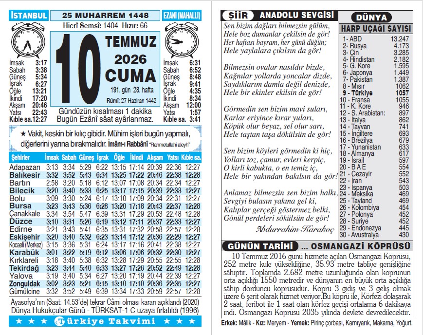 25 Muharrem 1448 - 10 Temmuz 2026 Tarihli Türkiye Takvimi