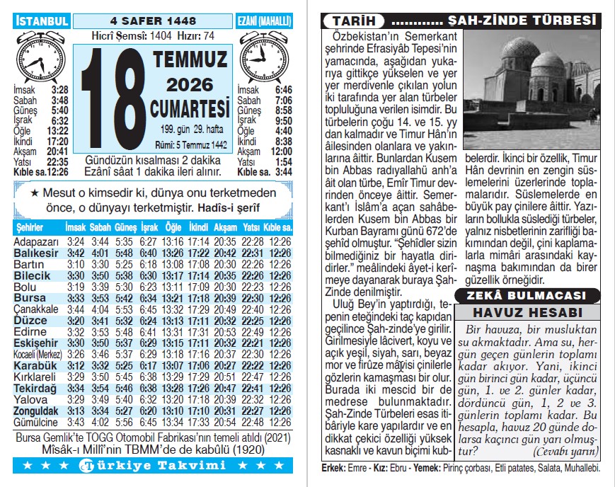 4 Safer 1448 - 18 Temmuz 2026 Tarihli Türkiye Takvimi
