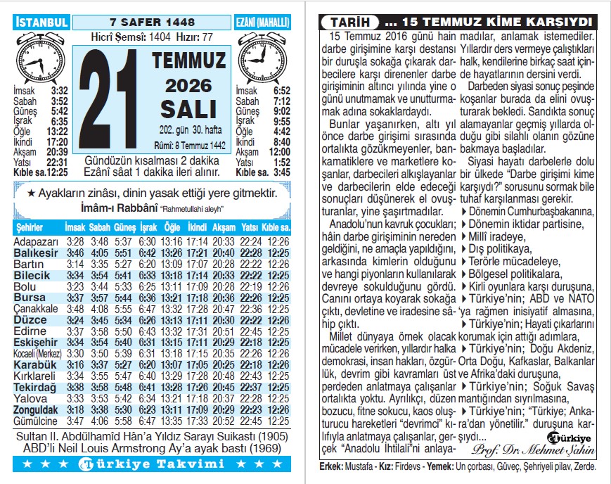 7 Safer 1448 - 21 Temmuz 2026 Tarihli Türkiye Takvimi