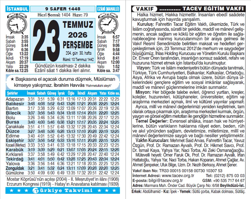 9 Safer 1448 - 23 Temmuz 2026 Tarihli Türkiye Takvimi
