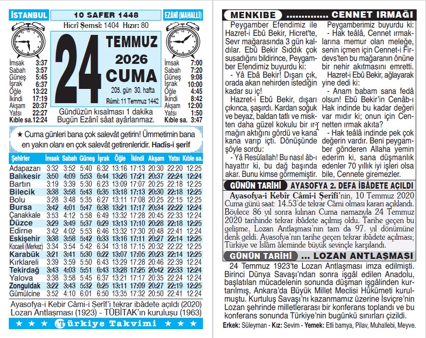 10 Safer 1448 - 24 Temmuz 2026 Tarihli Türkiye Takvimi