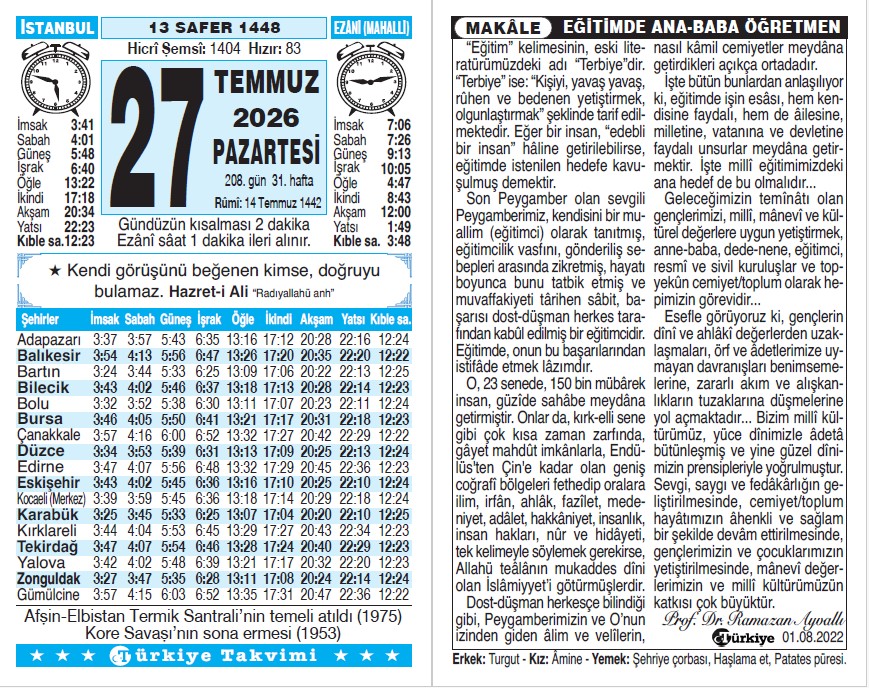 13 Safer 1448 - 27 Temmuz 2026 Tarihli Türkiye Takvimi