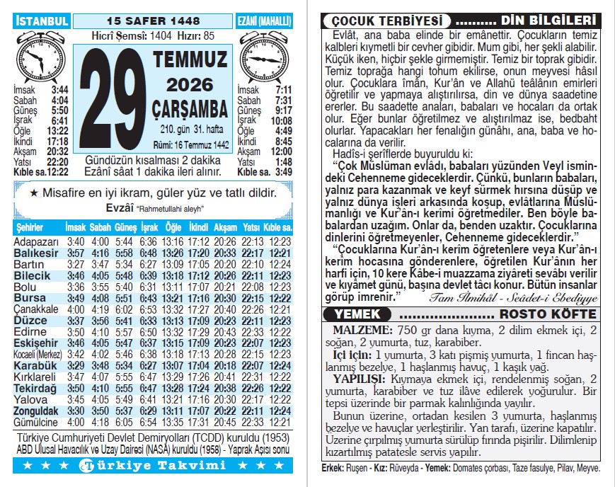 15 Safer 1448 - 29 Temmuz 2026 Tarihli Türkiye Takvimi