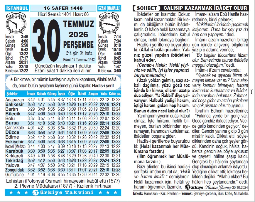 16 Safer 1448 - 30 Temmuz 2026 Tarihli Türkiye Takvimi