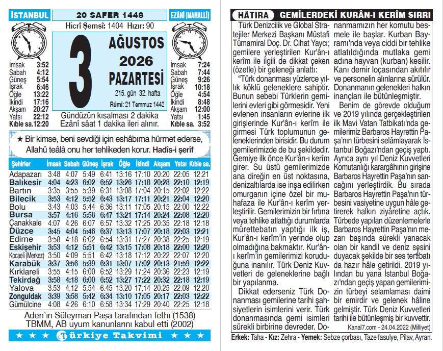 20 Safer 1448 - 3 Ağustos 2026 Tarihli Türkiye Takvimi