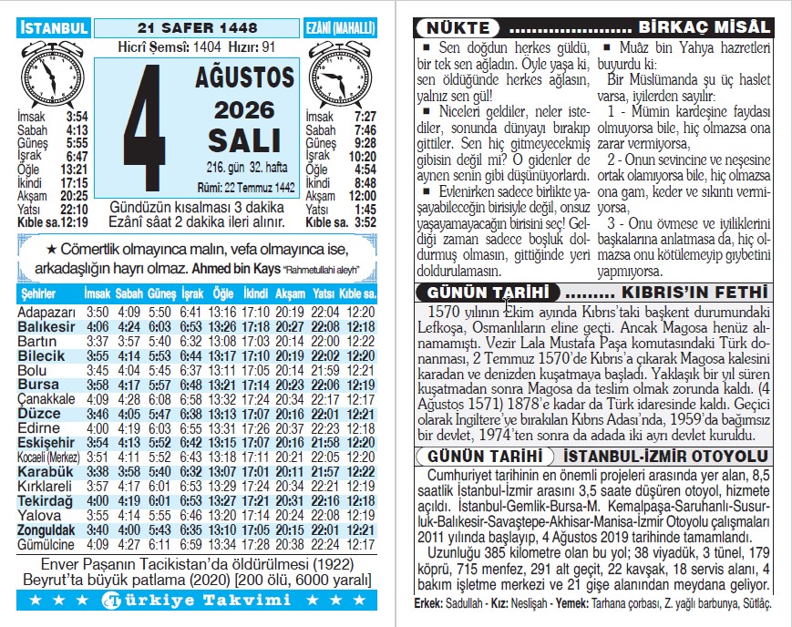 21 Safer 1448 - 4 Ağustos 2026 Tarihli Türkiye Takvimi