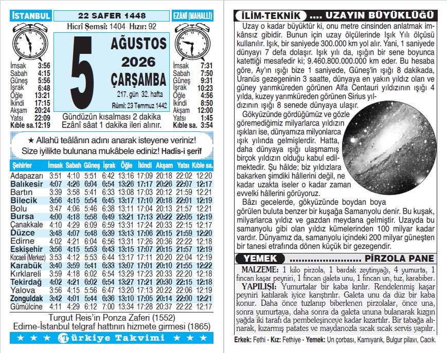 22 Safer 1448 - 5 Ağustos 2026 Tarihli Türkiye Takvimi