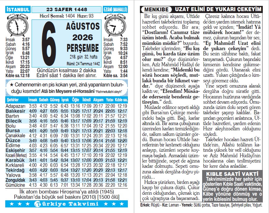 23 Safer 1448 - 6 Ağustos 2026 Tarihli Türkiye Takvimi