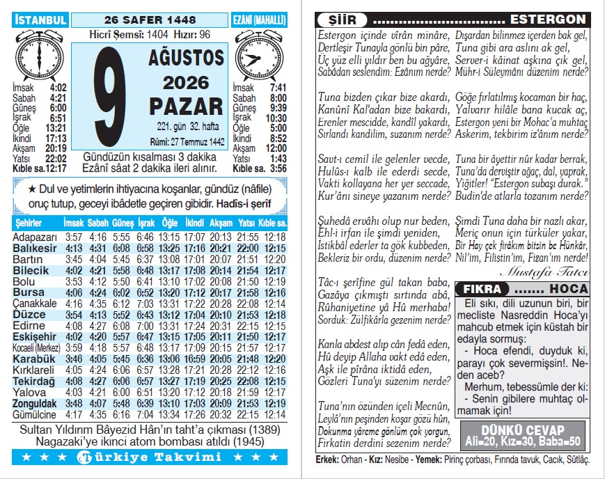 26 Safer 1448 - 9 Ağustos 2026 Tarihli Türkiye Takvimi