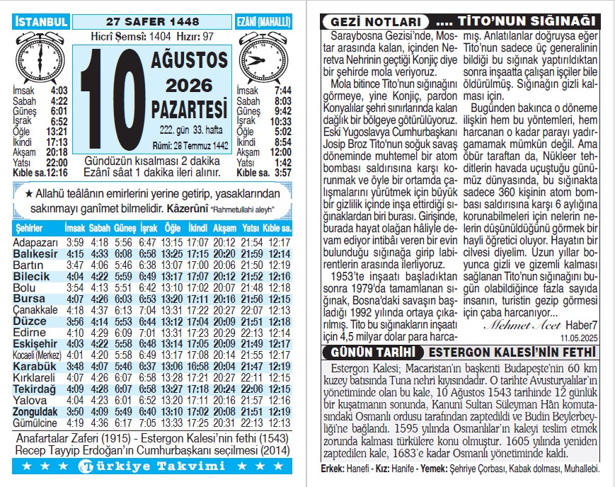 27 Safer 1448 - 10 Ağustos 2026 Tarihli Türkiye Takvimi