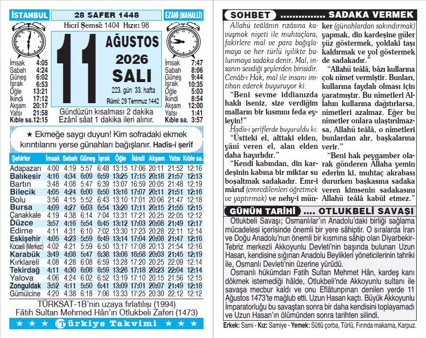 28 Safer 1448 - 11 Ağustos 2026 Tarihli Türkiye Takvimi