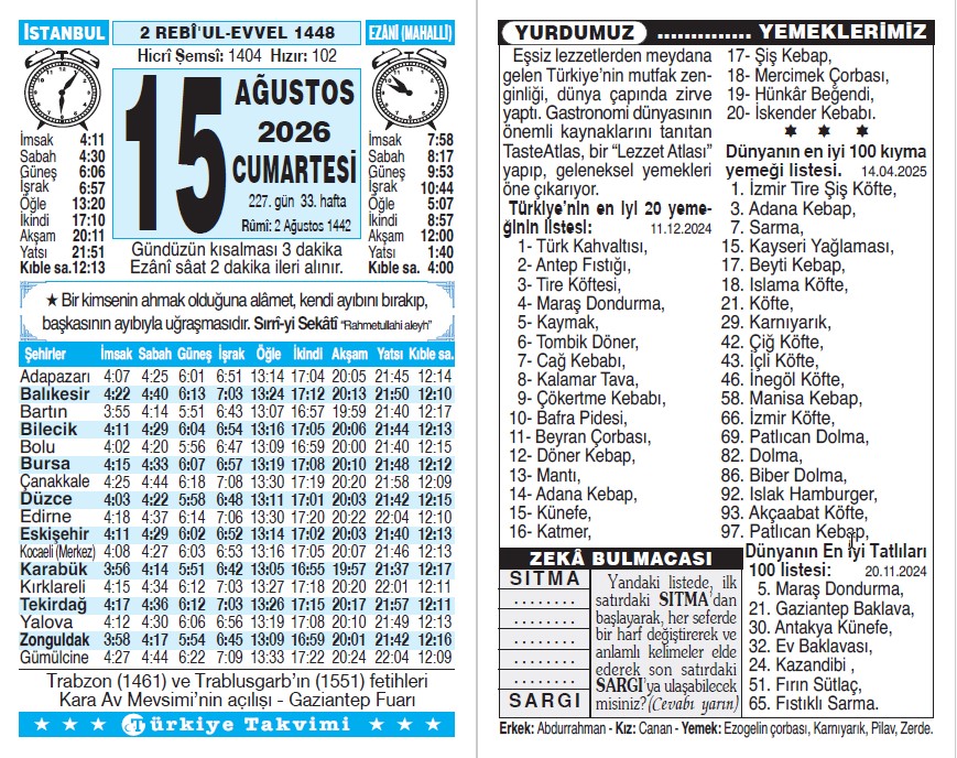 2 Rebiülevvel 1448 - 15 Ağustos 2026 Tarihli Türkiye Takvimi