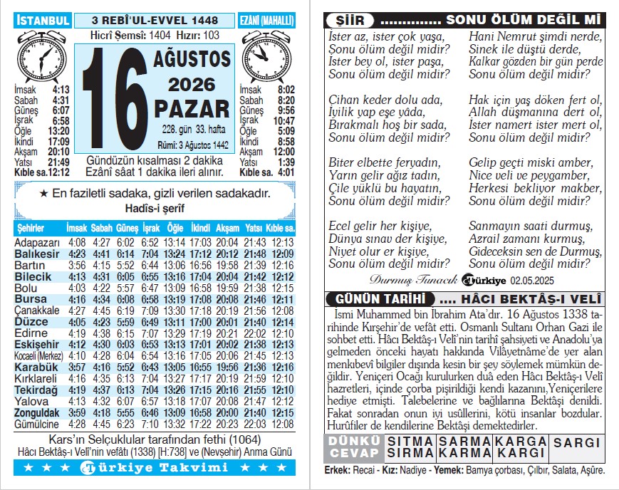 3 Rebiülevvel 1448 - 16 Ağustos 2026 Tarihli Türkiye Takvimi