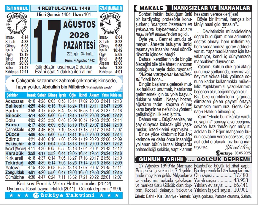 4 Rebiülevvel 1448 - 17 Ağustos 2026 Tarihli Türkiye Takvimi