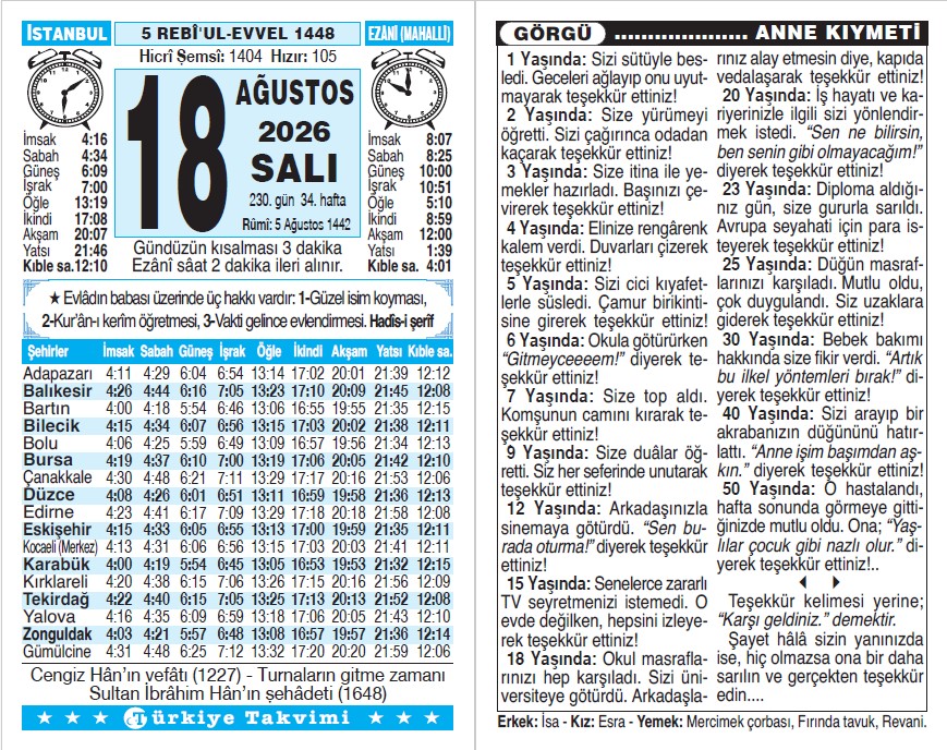 5 Rebiülevvel 1448 - 18 Ağustos 2026 Tarihli Türkiye Takvimi