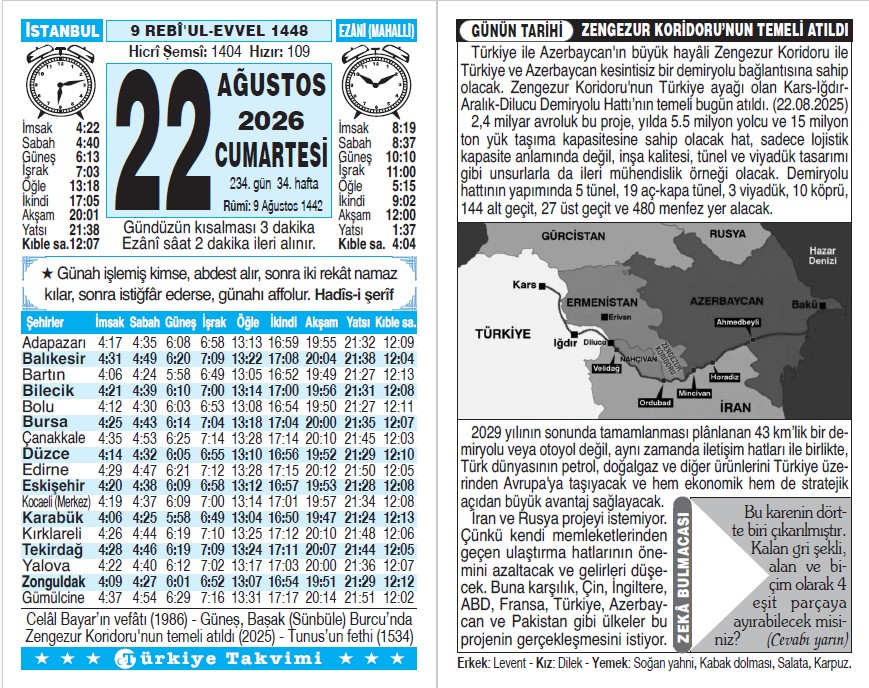 9 Rebiülevvel 1448 - 22 Ağustos 2026 Tarihli Türkiye Takvimi