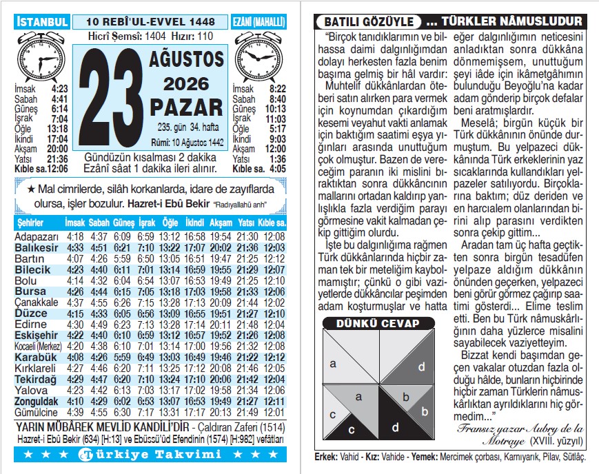 10 Rebiülevvel 1448 - 23 Ağustos 2026 Tarihli Türkiye Takvimi