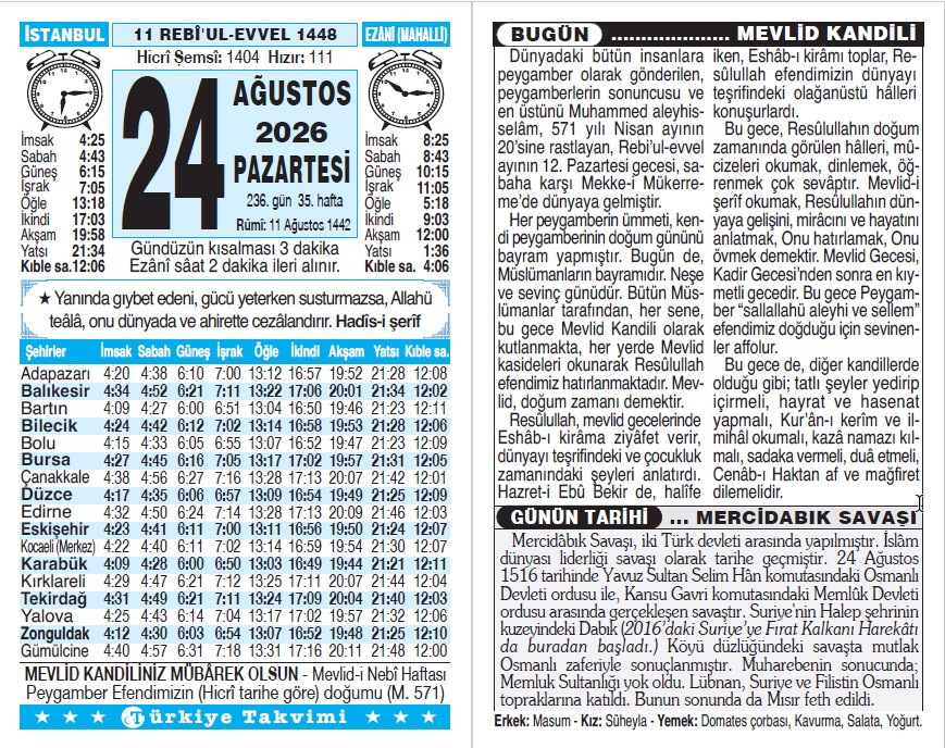 11 Rebiülevvel 1448 - 24 Ağustos 2026 Tarihli Türkiye Takvimi